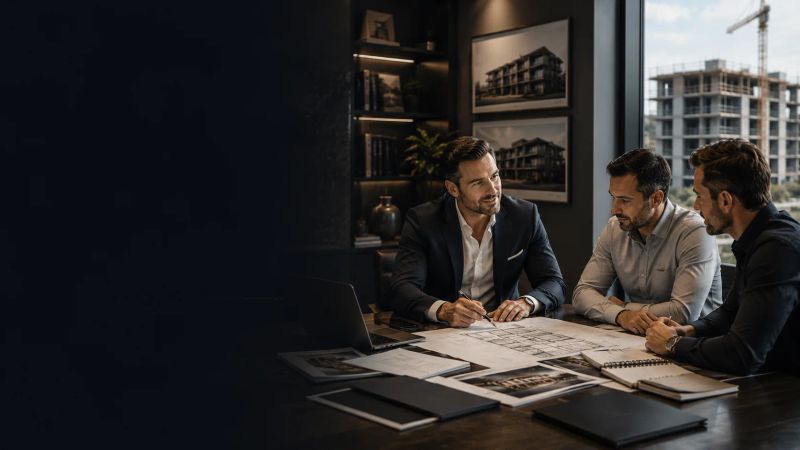 Construction loan specialist in Sydney reviewing building plans with client